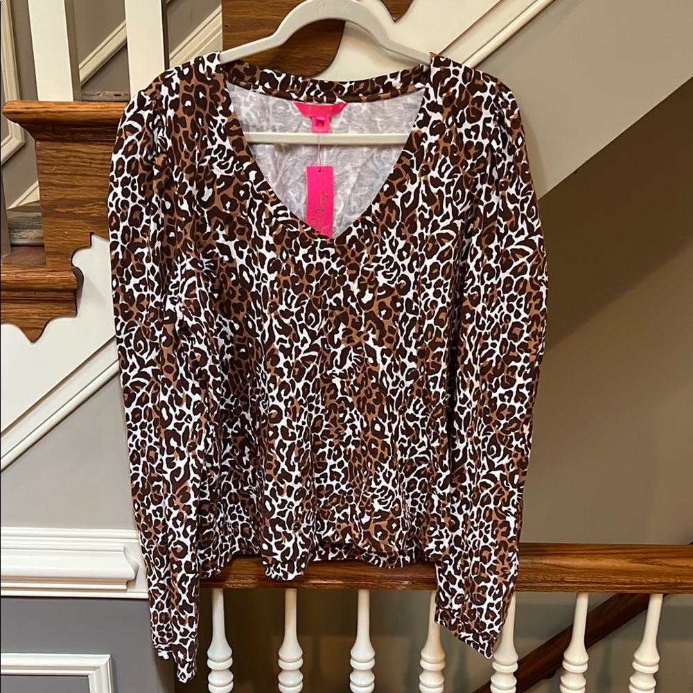 Lilly Pulitzer Brown and White Ruched Puff Sleeve Blouse